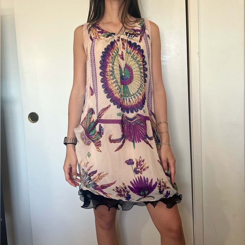 Pacific Blue Feather Patterned Cream Dress
